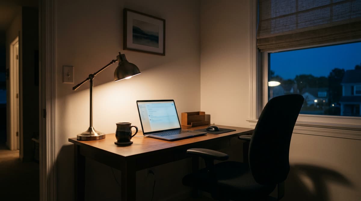 A quiet home office at night with a glowing laptop, desk lamp and half-drawn blinds.