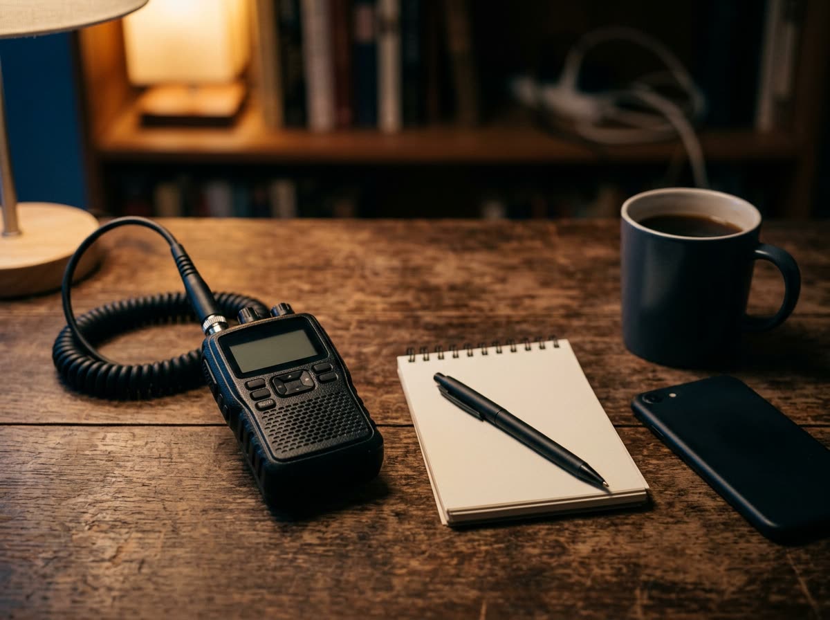 Desk close-up with a handheld radio scanner, blank notepad, pen and a mug.