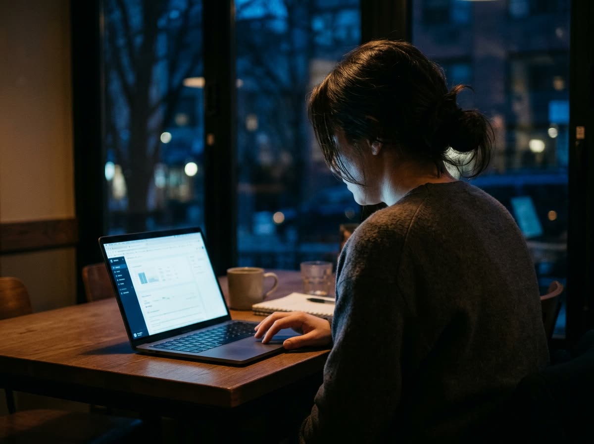 Person at a table in the evening, face turned away, one hand on a laptop trackpad.