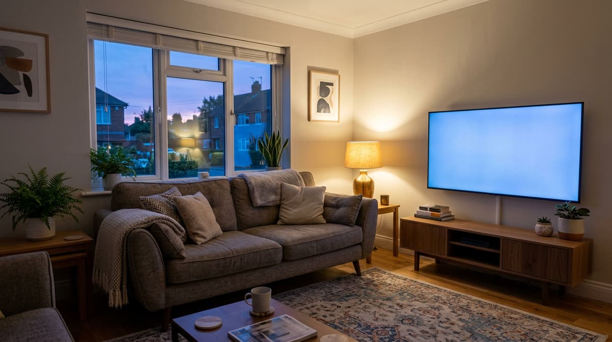 Evening living room with a sofa and a large television glowing soft blue on a console.