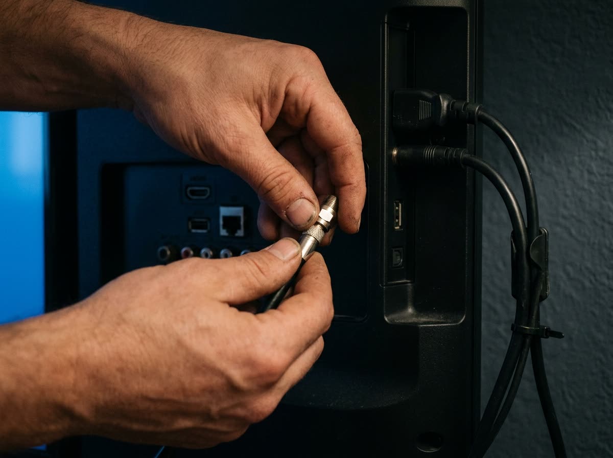 Hands connecting a coaxial cable into the input panel on the back of a television.